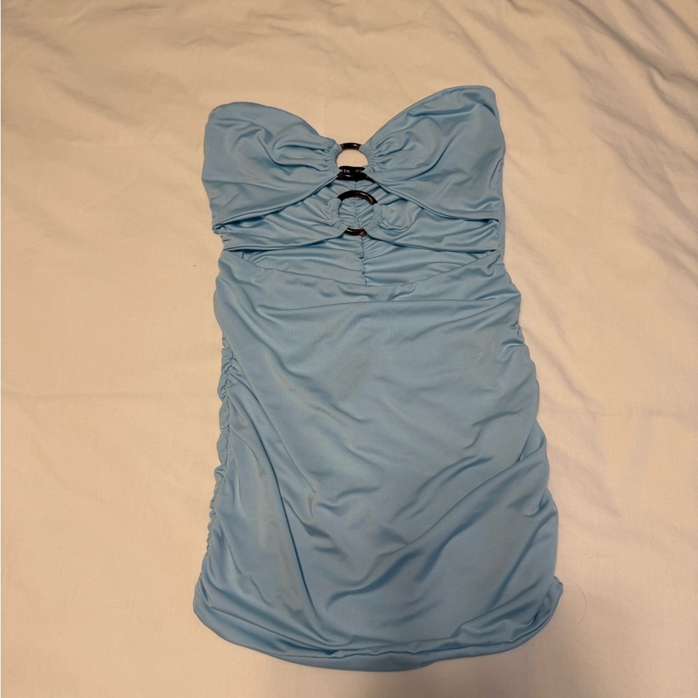 SHEIN Light Blue Strapless Ruched Swimdress with Black Ring Accents
